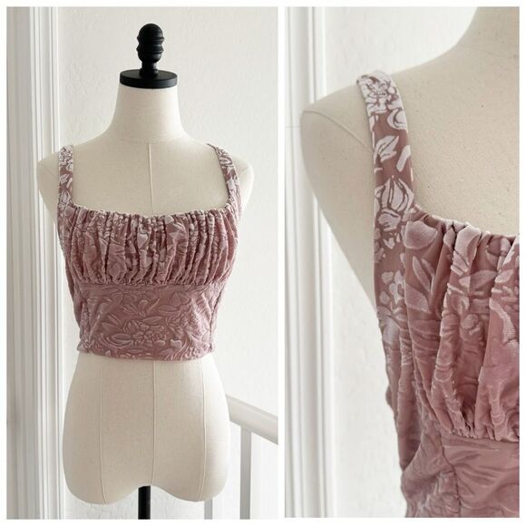 Velvet tank top cropped bustier milkmaid Dusty Rose pink Floral coquette sexy - Picture 2 of 14